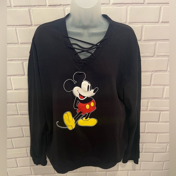 Disney Mickey Mouse Lace-Up V-Neck Black Sweatshirt - Size XL (15-17) - Picture 1 of 6